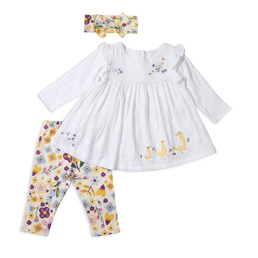 Double Cloth Duck Embroidered Dress  With Leggings