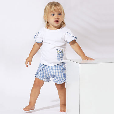 Tulip Sleeve Tee With Ruffle Gingham Shorts - Girls - White