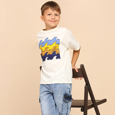 Drop Shoulder Tee With Wave Color Block Print - Vanilla Ice