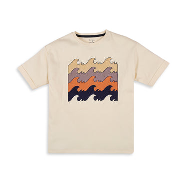 Drop Shoulder Tee With Wave Color Block Print - Ecru