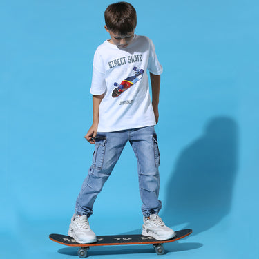 Drop Shoulder Tee With Cmyk Skate Print - White