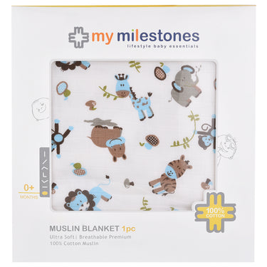 Muslin Blanket - 4 Layered - Zoo Blue - MyMilestones 