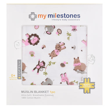 Muslin Blanket - 4 Layered - Zoo Pink - MyMilestones 