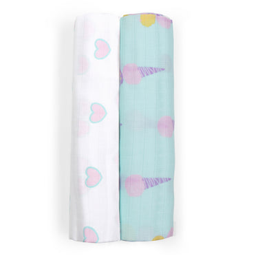 Muslin Swaddle - 2pc set - Ice-cream/Heart Print - MyMilestones 