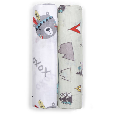 Muslin Swaddle - 2pc set - Teepee/Bear Face Print - MyMilestones 