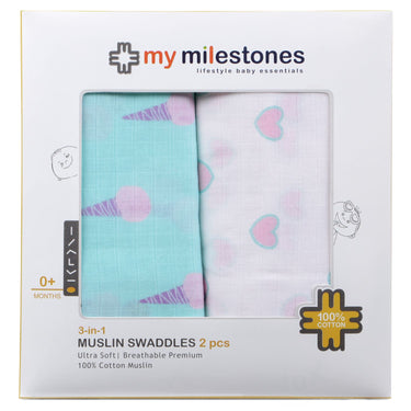 Muslin Swaddle - 2pc set - Ice-cream/Heart Print - MyMilestones 