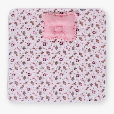 Nursery Quilted Play-time Mat With Pillow - Zoo Print- Pink - MyMilestones 