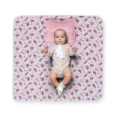 Nursery Quilted Play-time Mat With Pillow - Zoo Print- Pink - MyMilestones 