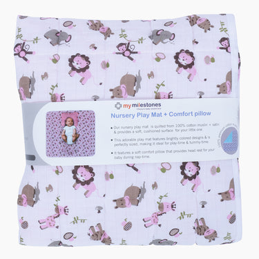 Nursery Quilted Play-time Mat With Pillow - Zoo Print- Pink - MyMilestones 