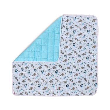 Nursery Quilted Play-time Mat With Pillow - Zoo Print- Blue - MyMilestones 