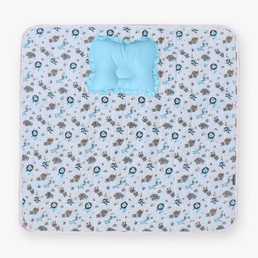 Nursery Quilted Play-time Mat With Pillow - Zoo Print- Blue - MyMilestones 