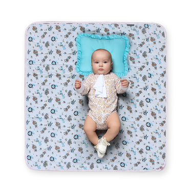 Nursery Quilted Play-time Mat With Pillow - Zoo Print- Blue - MyMilestones 