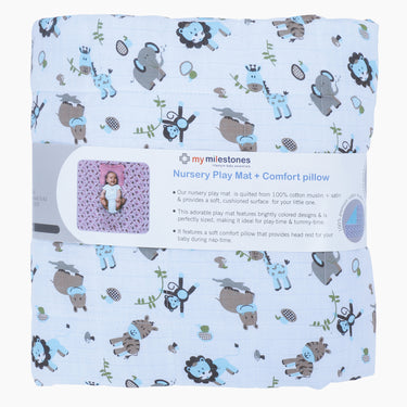 Nursery Quilted Play-time Mat With Pillow - Zoo Print- Blue - MyMilestones 