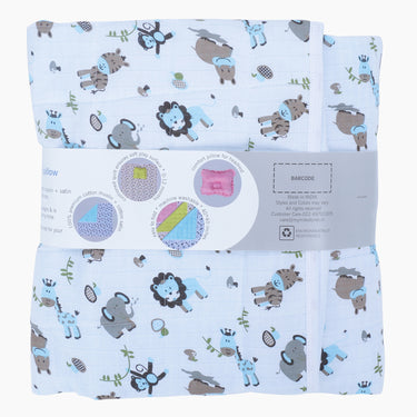 Nursery Quilted Play-time Mat With Pillow - Zoo Print- Blue - MyMilestones 