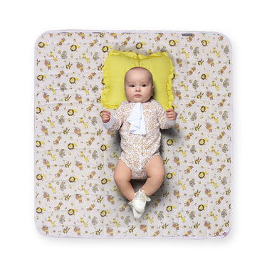 Nursery Quilted Play-time Mat With Pillow - Zoo Print- Yellow - MyMilestones 