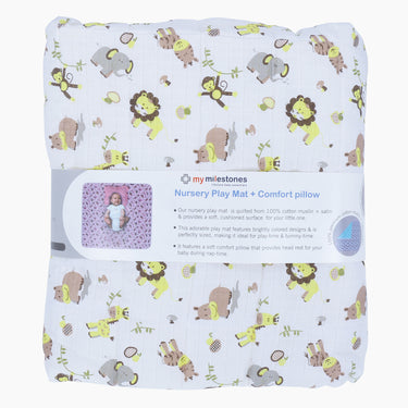 Nursery Quilted Play-time Mat With Pillow - Zoo Print- Yellow - MyMilestones 