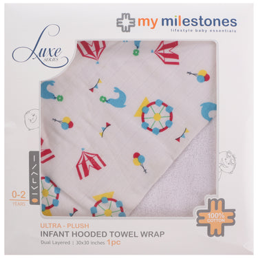 Infant Hooded Towel Wrap - Carnival Print White/Blue - MyMilestones 