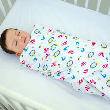 My Milestones Muslin Baby Swaddle 2pc Set - Carnival T Blue.