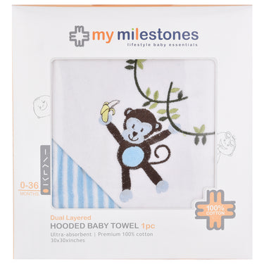 My Milestones 100% Cotton Terry Hooded Baby / Toddlers Bath Towel - Blue Stripes.