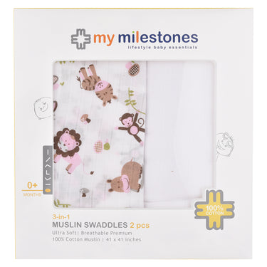 My Milestones Muslin Baby Swaddle 2pc Set - Zoo Pink.