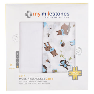 My Milestones Muslin Baby Swaddle 2pc Set - Zoo Blue.