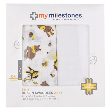 My Milestones Muslin Baby Swaddle 2pc Set - Zoo Lemon Yellow.