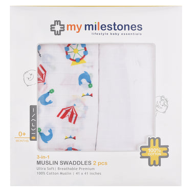 My Milestones Muslin Baby Swaddle 2pc Set - Carnival T Blue.