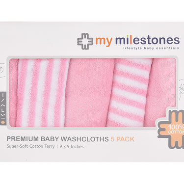 My Milestones 100% Premium Cotton Terry Baby Washcloth / Napkin 5pc Set - Pink.