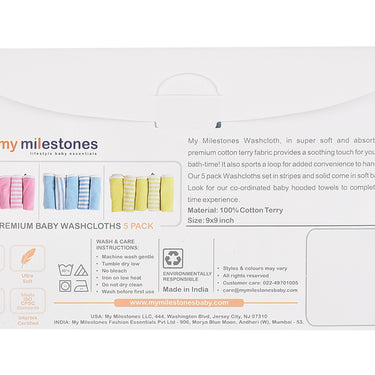 My Milestones 100% Premium Cotton Terry Baby Washcloth / Napkin 5pc Set - Pink.