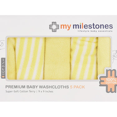 My Milestones 100% Premium Cotton Terry Baby Washcloth / Napkin 5pc Set - Lemon Yellow.