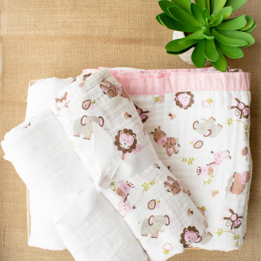 My Milestones Muslin Baby 2 Layered Blanket - Zoo Pink.