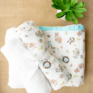 My Milestones Muslin Baby 2 Layered Blanket - Zoo Blue.